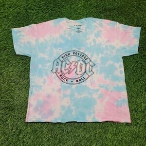 VTG Style AC/DC Band Tee T-Shirt Womens L/XL Oversized Pink Tie Dye V-Notch 2017